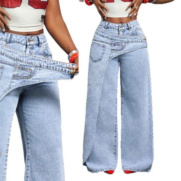 Double-layer crossover-waist wide-leg jeans（2 styles）