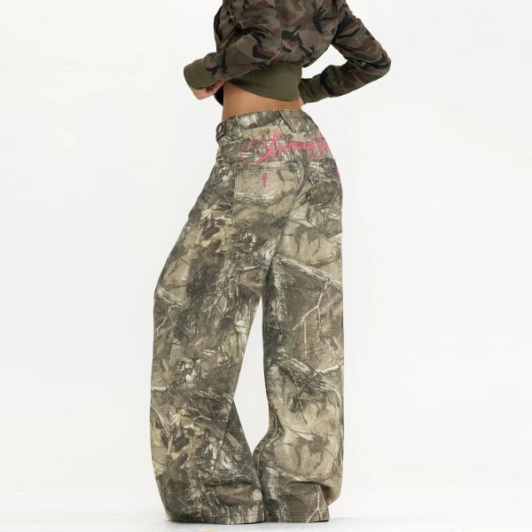 Vintage-style branch-pattern camouflage utility jeans