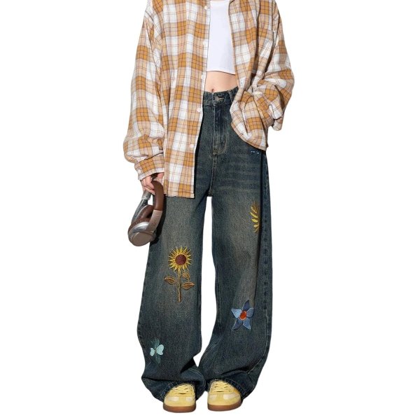 Straight-leg jeans with sunflower embroidery（2 styles）